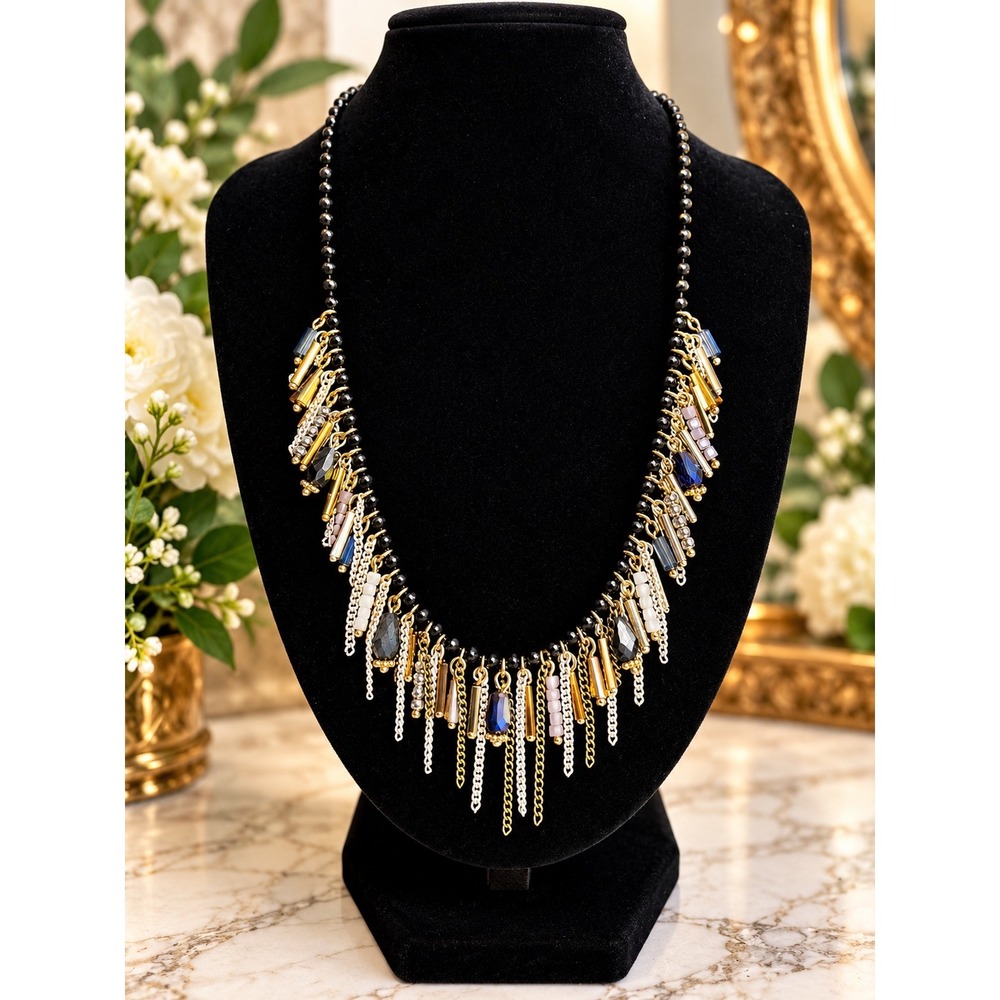 Gold Tone Multi Color Bead and Fringe Statement Necklace with Crown Charm